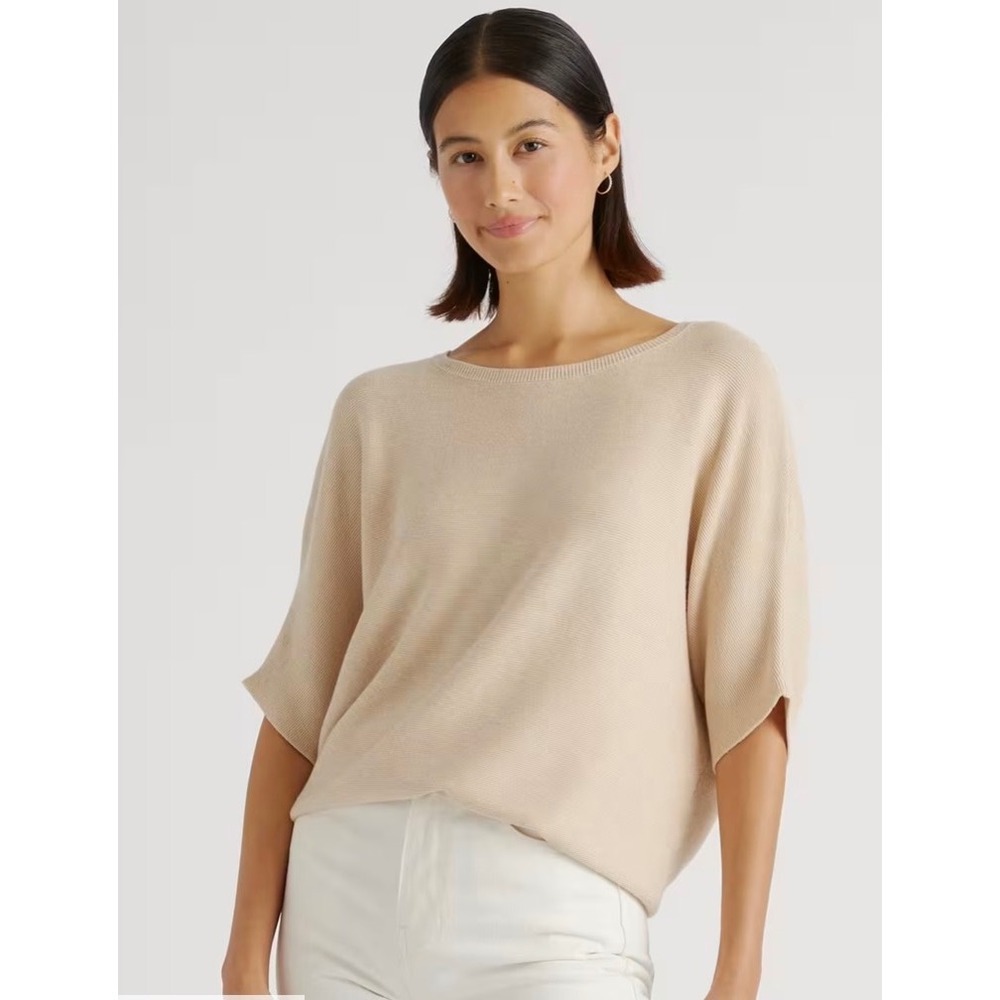 Quince Sweater Women M Beige Organic Cotton Cashmere Dolman Sleeve Knit Top